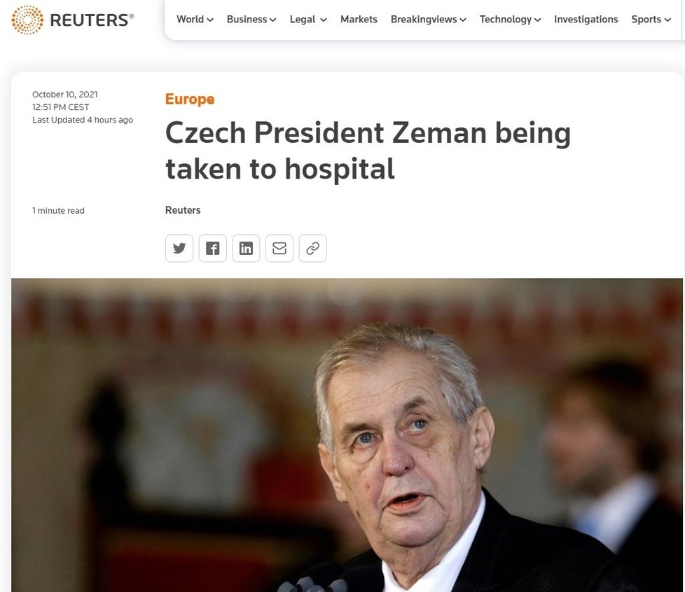 Prezident Miloš Zeman náhle hospitalizován: O události píšou i zahraniční média.