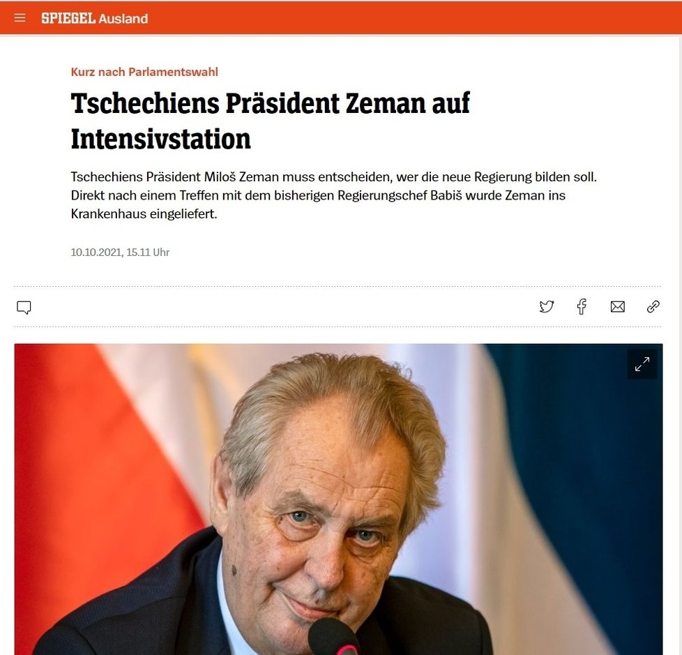 Prezident Miloš Zeman náhle hospitalizován: O události píšou i zahraniční média