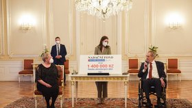 Prezident Miloš Zeman na Pražském hradě předal Fondu ohrožených dětí finanční dar ve výši 1 400 000 Kč z výtěžku Nadačního fondu Miloše Zemana.