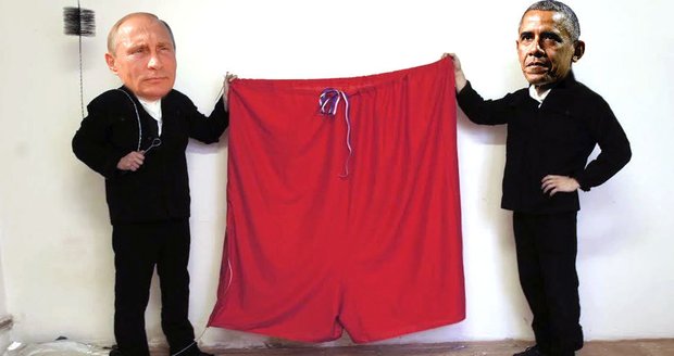 Rudé trenýrky symbolicky drží ruský prezident Vladimir Putin (vlevo) a jeho americký protějšek Barack Obama