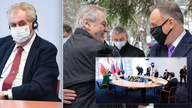 Prezident Miloš Zeman na jednání V4 odložil venku roušku (9.2.2021)