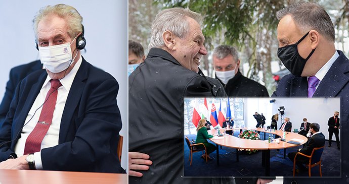 Prezident Miloš Zeman na jednání V4 odložil venku roušku (9.2.2021)