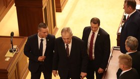 Ve Sněmovně musel prezident Miloš Zeman zdolat také jeden schod, který vede od řečnického pultíku. (23. 10. 2019)