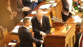 Ve Sněmovně musel prezident Miloš Zeman zdolat také jeden schod, který vede od řečnického pultíku. (23. 10. 2019)