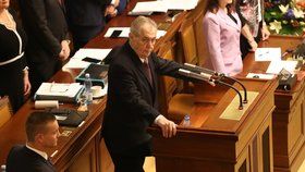 Prezident Miloš Zeman mluvil k poslancům zhruba 13 minut. "Pokud Směmovna zákona schválí, podepíšu ho," slíbil Zeman.