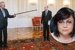 Prezident Miloš Zeman a tehdejší premiér Bohuslav Sobotka (ČSSD) na Hradě při (ne)demisi a šéfka bulharských socialistů Kornelia Ninovová