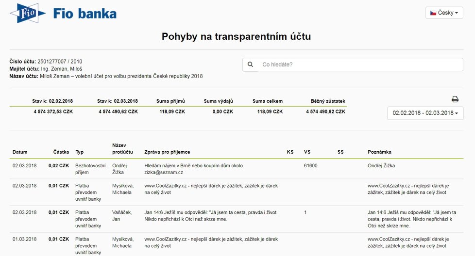 Transparentní účet Miloše Zemana