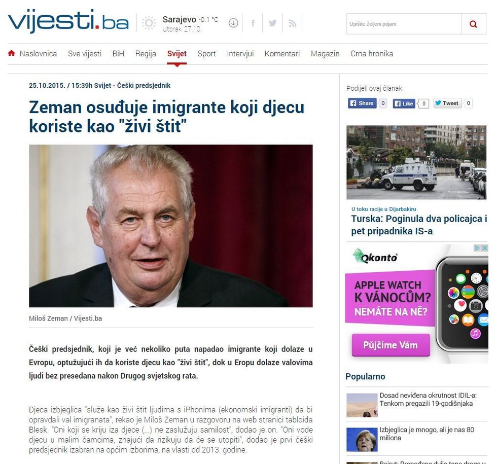 Zeman na stránkách bosenského webu Vijesti.ba