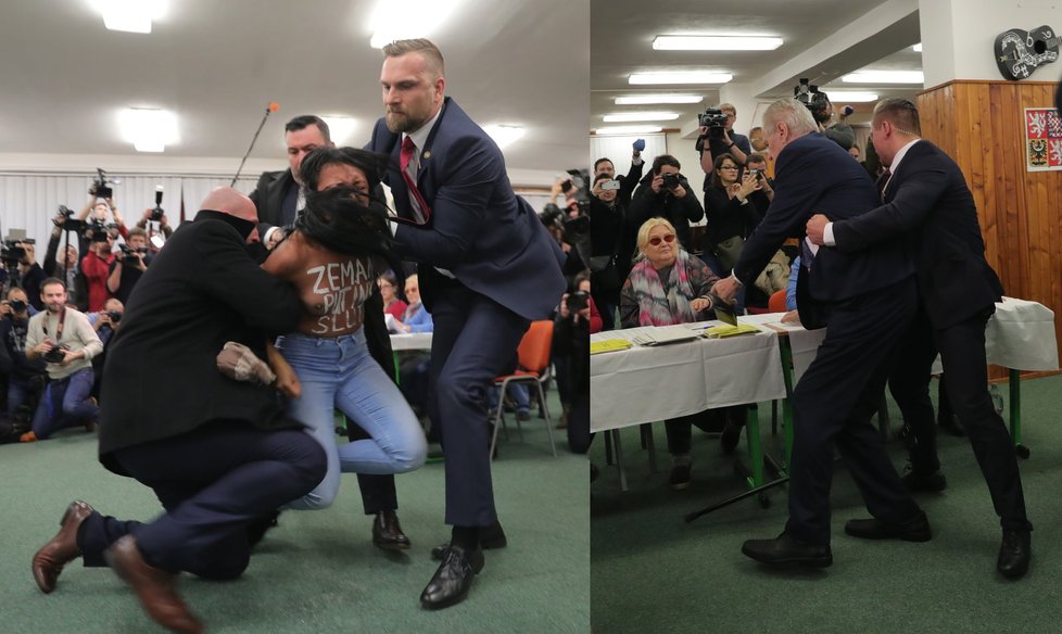 Na prezidenta Miloše Zemana ve volební místnosti zaútočila polonahá aktivistka.