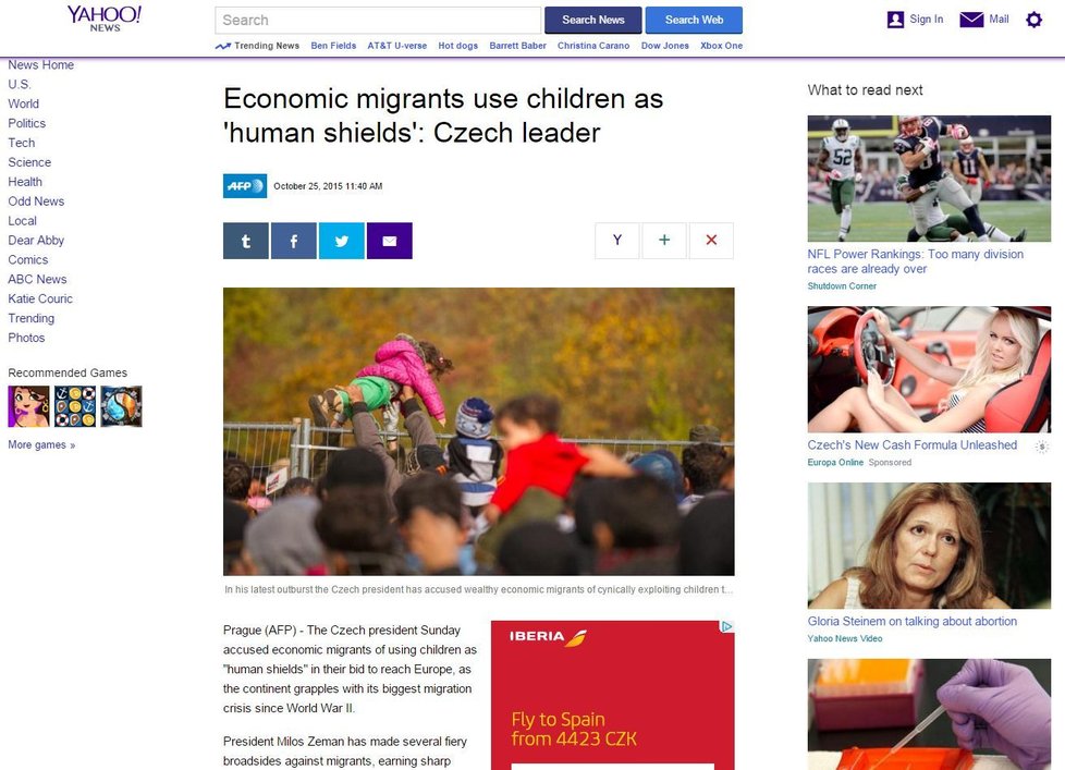 Prezident Miloš Zeman na webu Yahoo news