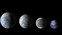 Nově objevené planety a Země. Ty, které se jí nejvíce podobají, Kepler-62e a Kepler-62f, jsou na fotu druhá a třetí zleva. Nově objevené planety a Země. Ty, které se jí nejvíce podobají, Kepler-62e a Kepler-62f, jsou na fotu druhá a třetí zleva.
