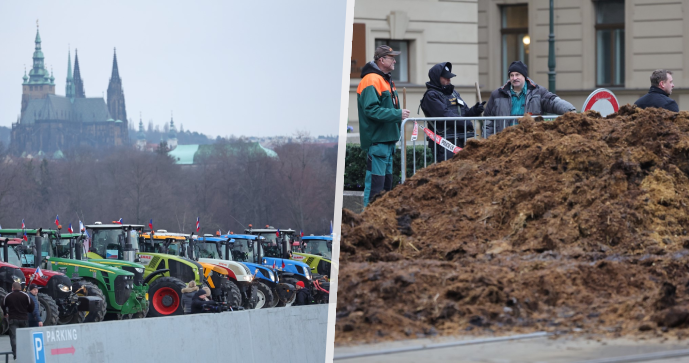 ŽIVĚ: Protest zemědělců. Před Strakovkou vysypali kopu hnoje, traktory obsadily Letnou