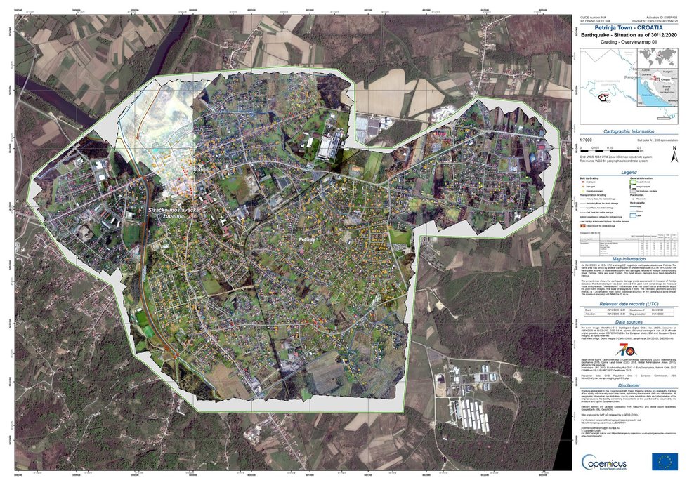 Mapa dopadů otřesů v Petrinji, program EU Copernicus.