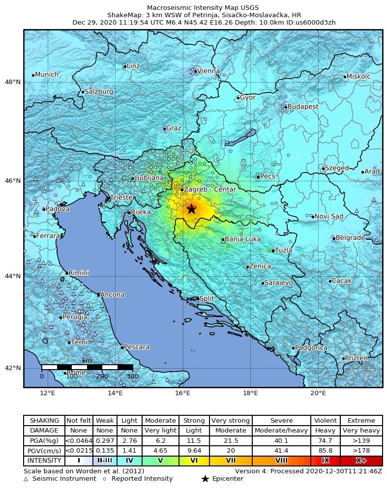 Mapa otřesů u Petrinje, 29. 12. 2020.