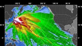 Velikost vlny, která zasáhne pobrřeží Tichého oceánu.