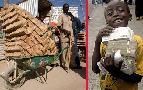 Za jeden americký dolar máte trakař těch zimbabwských. Chlapec si nese peníze na svačinu.