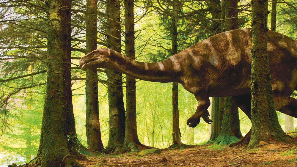 Život na naší planetě: Digitální dinosaurus na pozadí skutečné přírodní scenérie