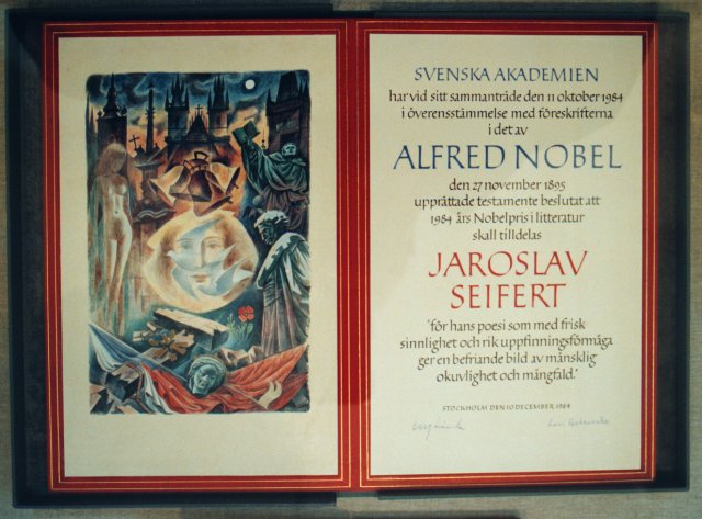 Diplom pro Jaroslava Seiferta, nositele Nobelovy ceny.