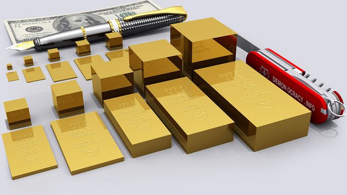 Cihly zlata v hodnotách 50, 100, 250, 500, 1000 gramů zlata.