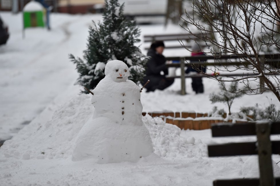 Sněhulák na sídlišti Obeciny ve Zlíně (13. 1. 2021)