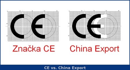 Rozdíl v grafickém zpracování značky CE, která ukazuje, že výrobek vyhovuje evropským předpisům a označení CE, které značí pouze výrobek dovezený z Číny.