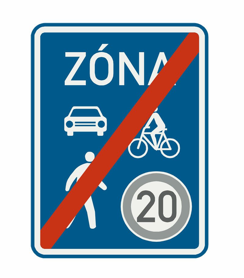 Dopravní značka IZ 10b: Konec sdílené zóny. Značka označuje konec sdílené zóny. Značka může být při výjezdu ze zdílené zóny umístěna i jen po levé straně vozovky z opačné strany značky „Sdílená zóna“.