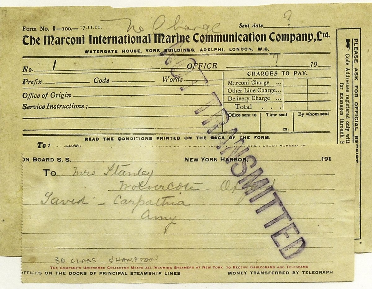 Tímto telegramem oznámila dávno zapomenutá Amy svým blízkým po potopení Titanicu 15. dubna 1912, že byla „Zachráněna Carpathií“.