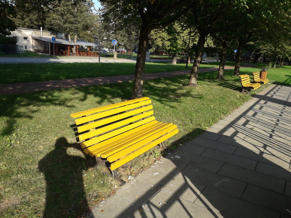 Na této lavičce v Komenského sadech zemřel bezdomovec (†32) po požití tzv. zombie drogy. Druhého (36) zachránili v nemocnici.