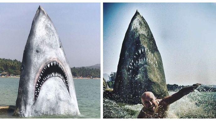 Žralok z kamene na pláži Palolem Beach od amerického umělce Jimmyho Swifta