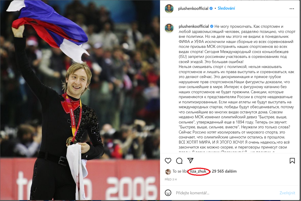 Česká krasobruslařka Jelizaveta Žuková lajkovala Pljuščenkův příspěvek, ve kterém vyjádřil podporu Putinovi