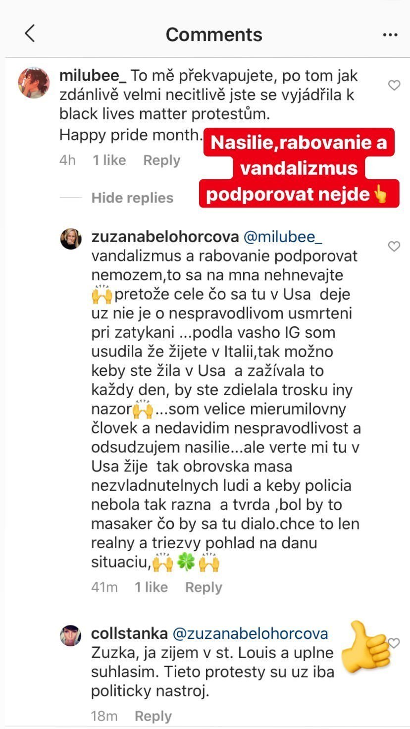 Zuzana Belohorcová kampaň &#34;black lives matters&#34; nepodporuje.