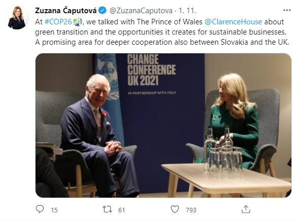 Klimatická konference v Glasgow: Zuzana Čaputová a princ Charles