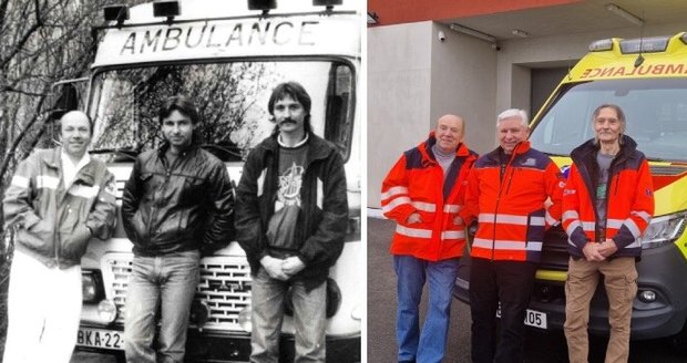 Zleva: Milda (Milan Hlaváček), Jura (Jiří Domis) a Amigo (Luboš Kleveta) před 30 lety a dnes.