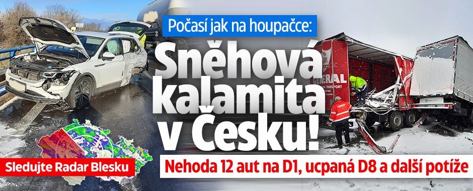 Sněhová kalamita v Česku! Nehoda 12 aut na D1, ucpaná D8, ...